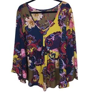 Unique Spectrum Boho Semisheer Floral Ruffle Peplum 3/4 Flare Sleeve Blouse 2X
